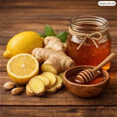 Lemon, ginger and honey on a wooden table