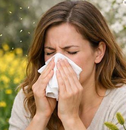 Woman sneezing into a tissue in a field of spring flowers