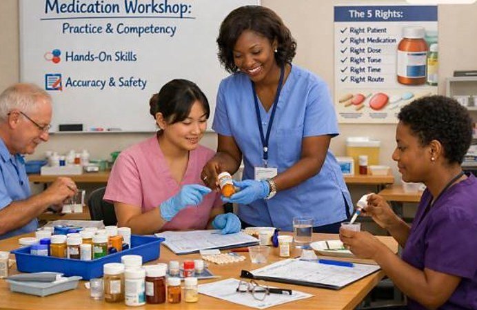 Care staff taking part in a medication workshop